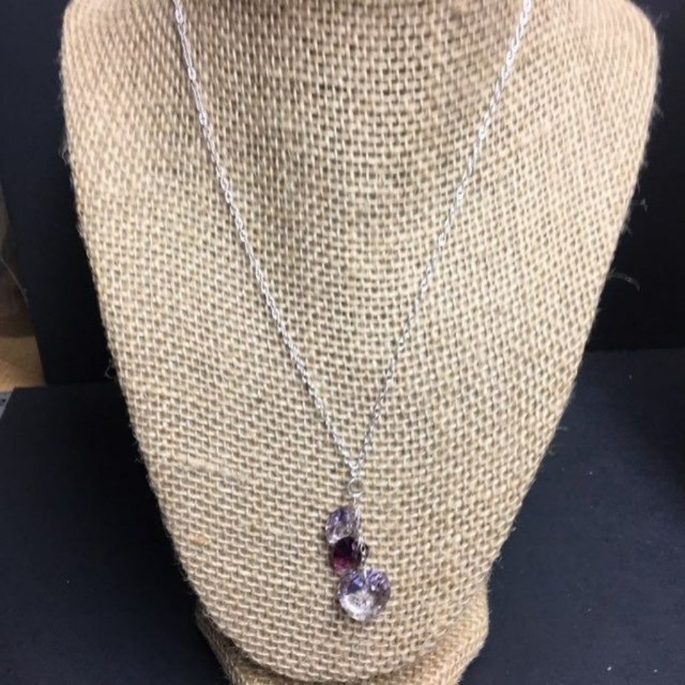 Triple Purple Heart Necklace Translucent Faceted Silver Chain Soft Girl Retro